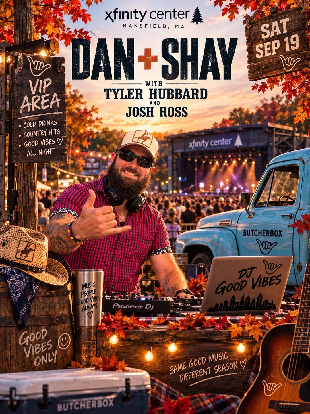 DJ Good Vibes promotional artwork for a VIP area DJ date at Xfinity Center